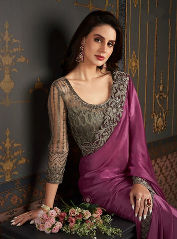 Luxury Wine Purple Designer Saree with Embroidered Border | Elegant Party Wear Saree UK
