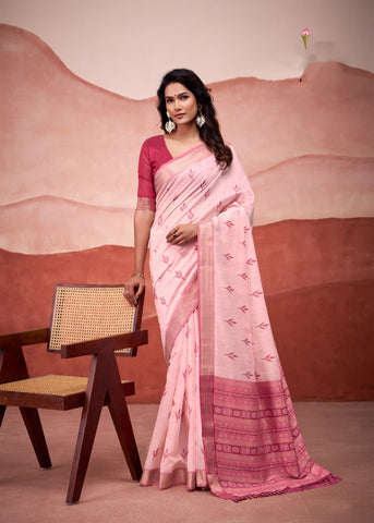 Soft Blush Pink Cotton Saree for Women | Elegant Pastel Ethnic Wear with Minimal Motifs & Classic Border