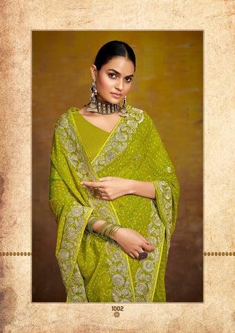 Olive Green Embroidered Saree with Gold Border | Wedding & Festive Saree UK
