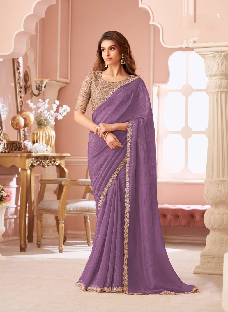 Lavender Designer Embroidered Saree with Blouse | UK Online Store