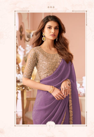 Lavender Designer Embroidered Saree with Blouse | UK Online Store