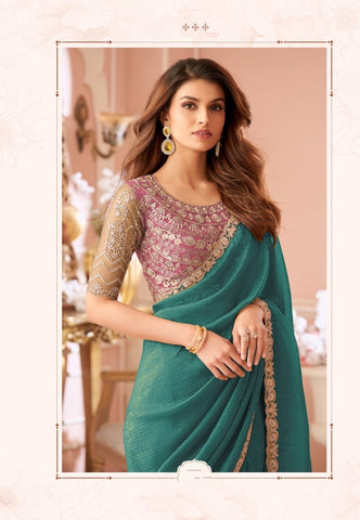 Green Designer Embroidered Saree with Blouse | UK Online Store