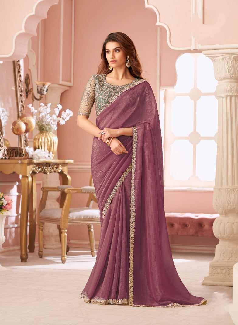 Wine Designer Embroidered Saree with Blouse | UK Online Store