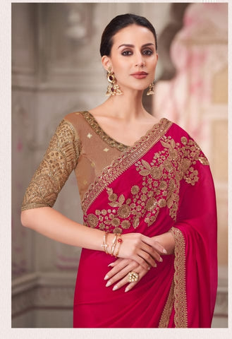 Wine Designer Embroidered Saree with Blouse | UK Ethnic Wear