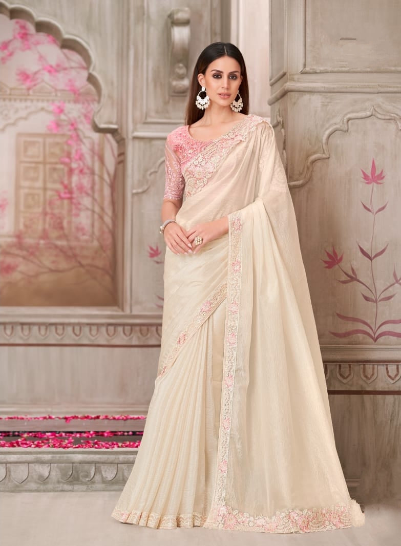 Cream Designer Embroidered Saree with Blouse | UK Ethnic Wear