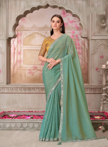 Sea Green Designer Embroidered Saree with Blouse | UK Ethnic Wear