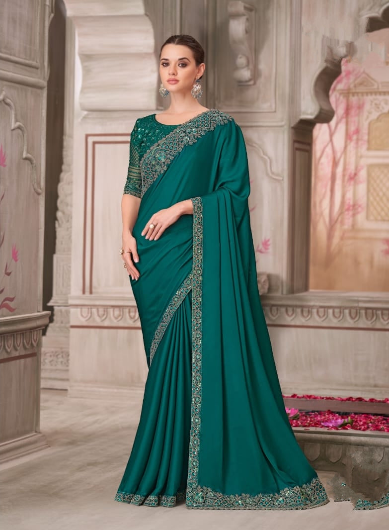 Peacock Green Designer Embroidered Saree with Blouse | UK Ethnic Wear