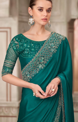 Peacock Green Designer Embroidered Saree with Blouse | UK Ethnic Wear