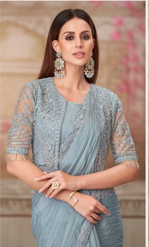 Grey Designer Embroidered Saree with Blouse | UK Ethnic Wear
