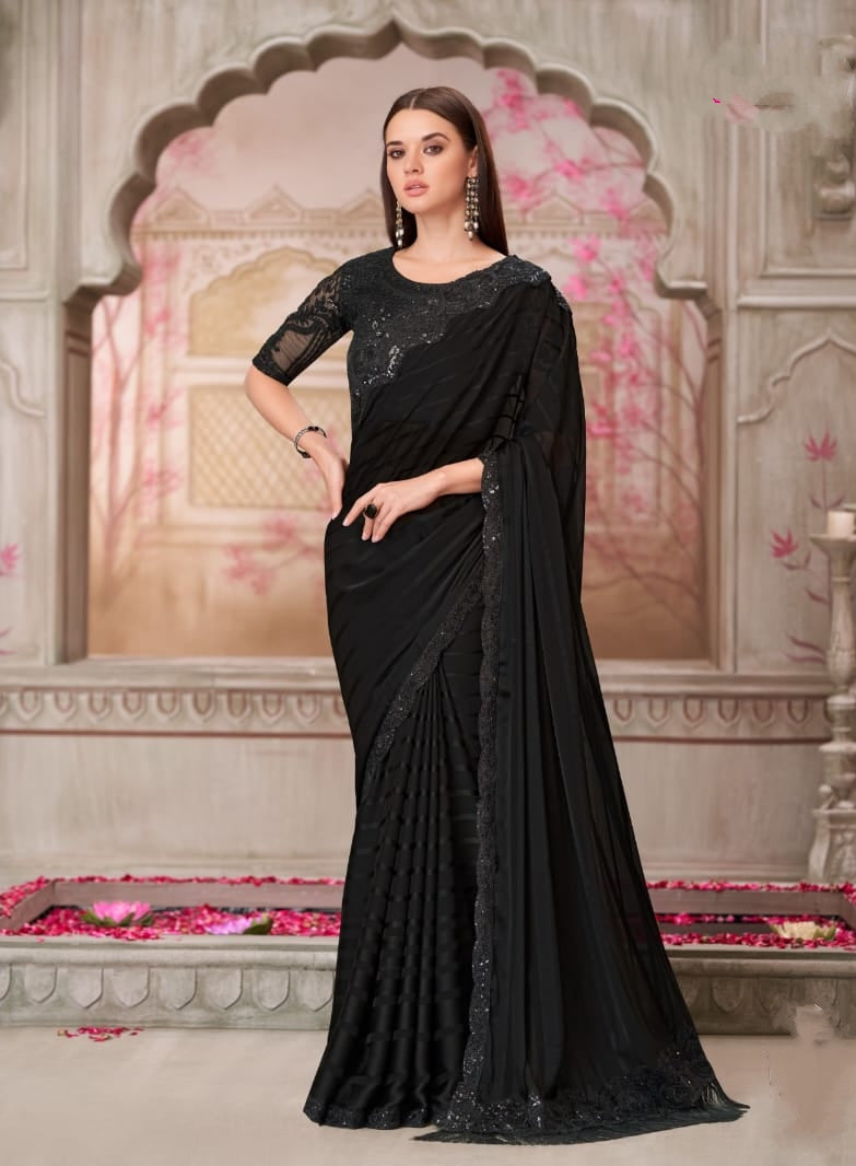 Black Designer Embroidered Saree with Blouse | UK Ethnic Wear