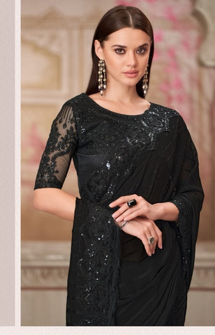 Black Designer Embroidered Saree with Blouse | UK Ethnic Wear