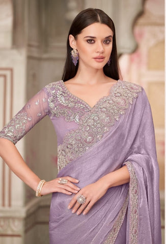 Lavender Designer Embroidered Saree with Blouse | UK Ethnic Wear
