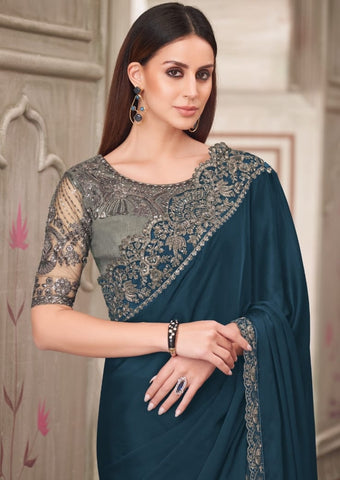 Teal Blue Designer Embroidered Saree with Blouse | UK Ethnic Wear