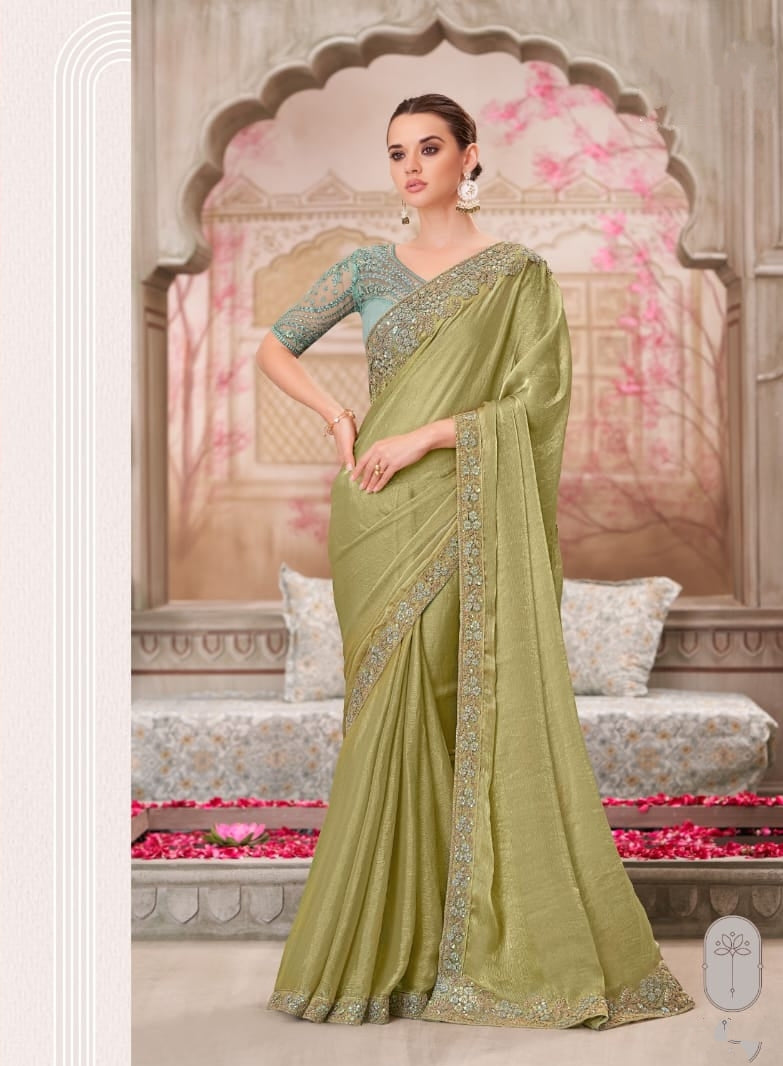 Olive Green Designer Embroidered Saree with Blouse | UK Ethnic Wear