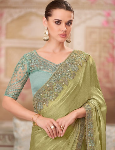 Olive Green Designer Embroidered Saree with Blouse | UK Ethnic Wear