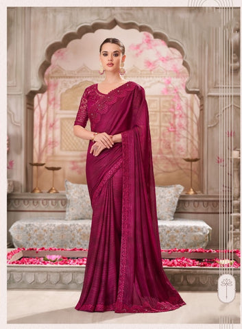 Wine Designer Embroidered Saree with Blouse | UK Ethnic Wear