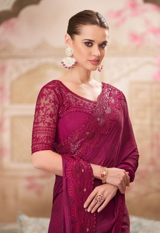 Wine Designer Embroidered Saree with Blouse | UK Ethnic Wear