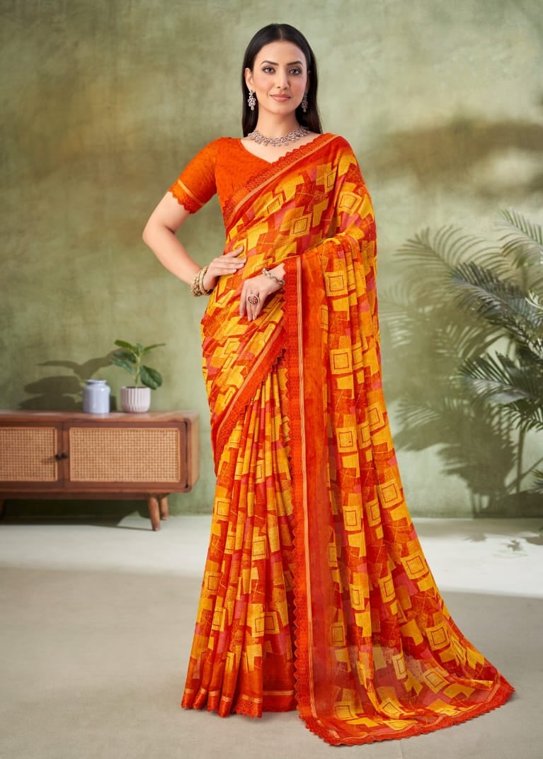 Orange & Multicolour Printed Designer Silk Saree | Indian Saree UK