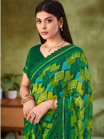 Green & Multicolour Printed Designer Silk Saree | Indian Saree UK