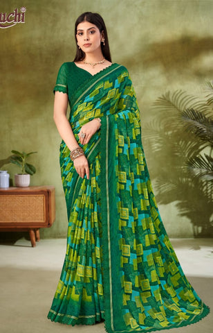 Green & Multicolour Printed Designer Silk Saree | Indian Saree UK