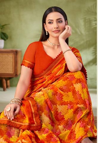 Orange & Multicolour Printed Designer Silk Saree | Indian Saree UK