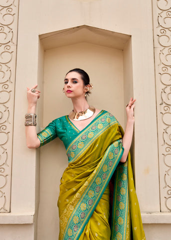 Olive Green Banarasi Silk Saree with Zari Border | Traditional Indian Ethnic Wear