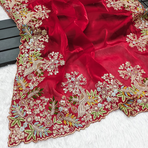 Red Embroidered Designer Saree with Blouse – Wedding & Party Wear