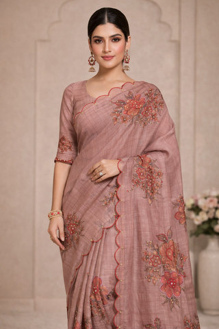 Dusty Rose Floral Embroidered Saree | Designer Indian Saree UK