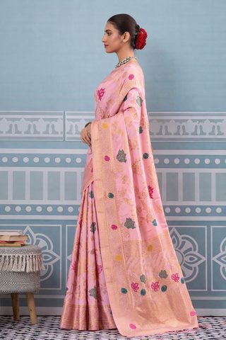 Baby Pink Firozi Shop luxury Banarasi silk sarees with floral zari weaving. Perfect for weddings & festivals. Premium Indian ethnic wear with UK delivery.