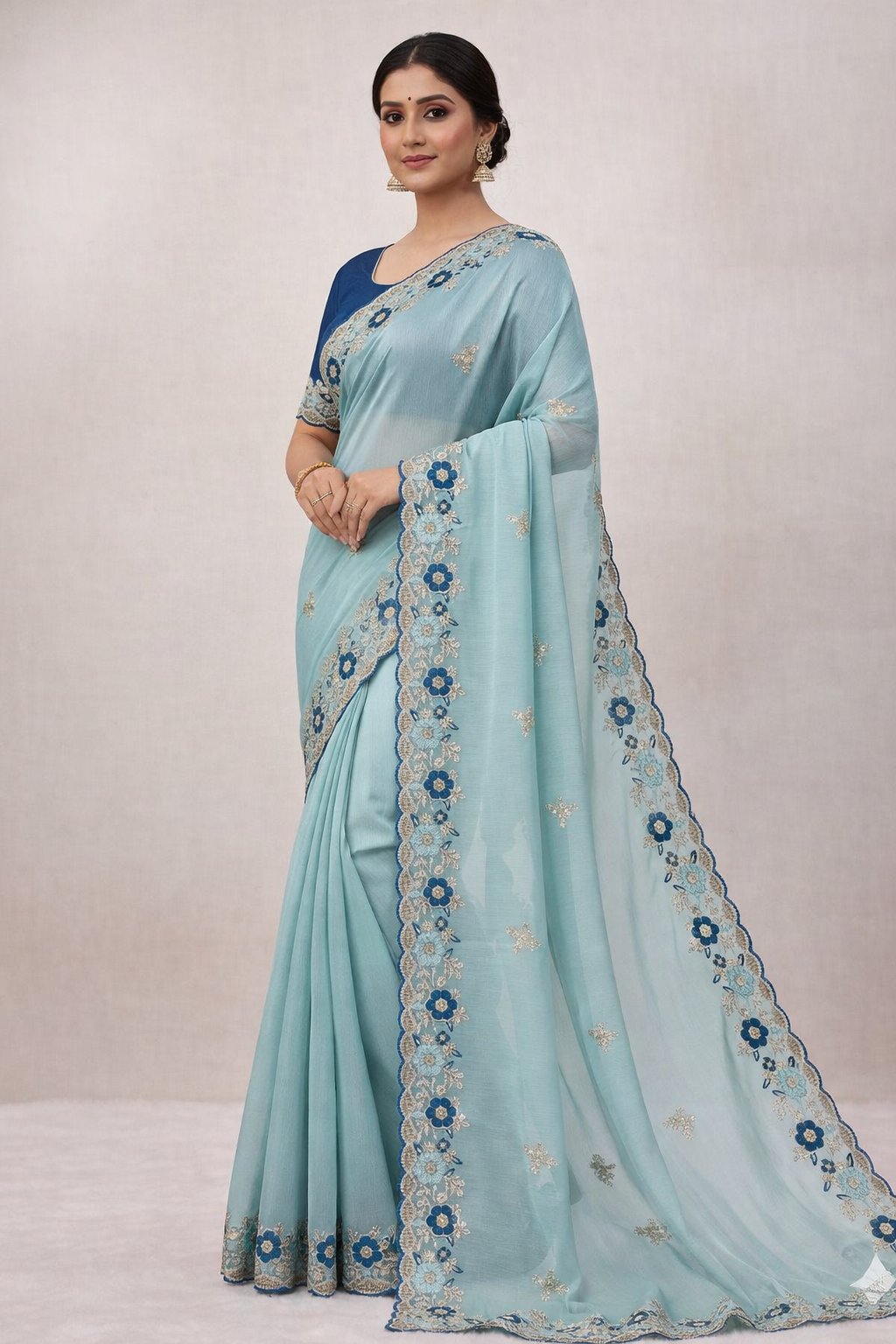 Sky Blue Embroidered Saree with Floral Lace Border | UK Online