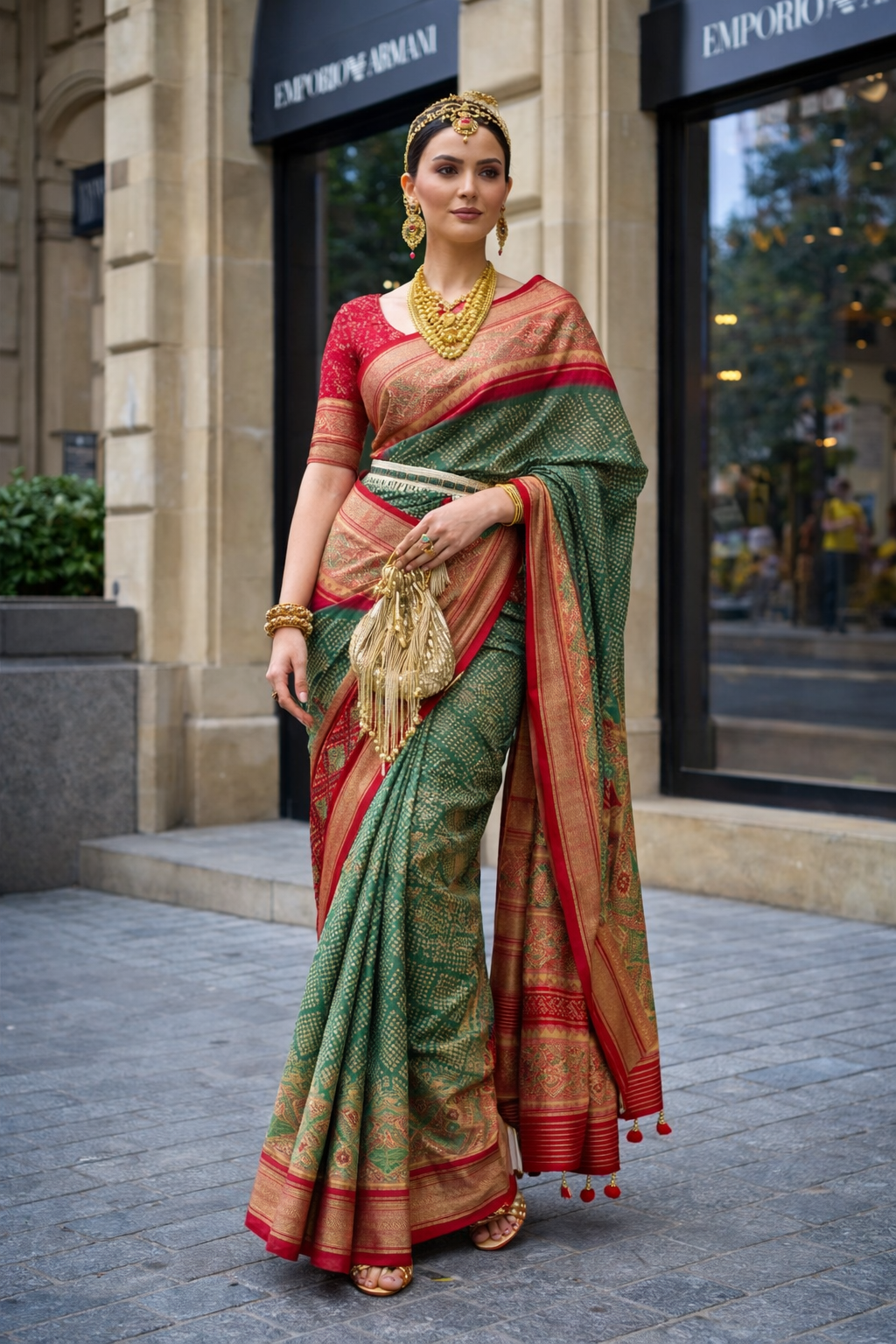Royal Standing Pose in Green Silk Saree | Luxury Ethnic Fashion Meets Global Street Style