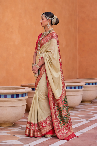 Cream Designer Silk Saree with Traditional Border | Wedding Wear UK