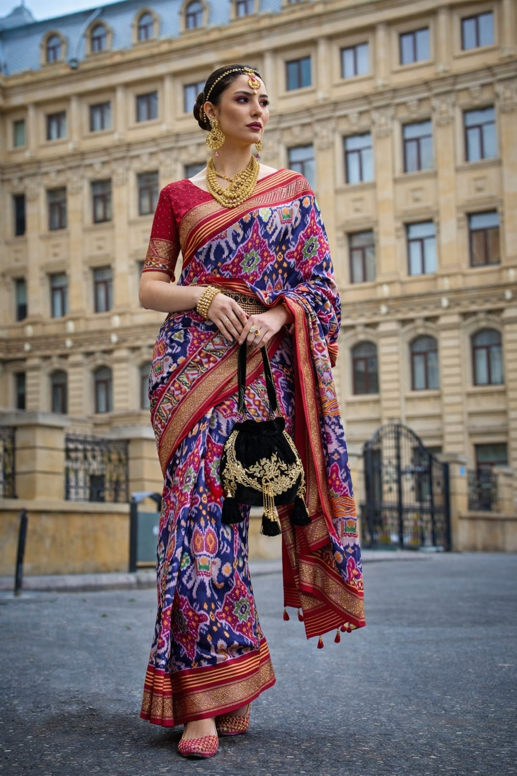 Royal Multicolor Ikat Saree Look | Bold Traditional Fashion in a Modern City