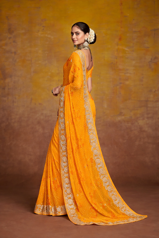 Yellow Embroidered Saree with Gold Border | Wedding & Festive Saree UK