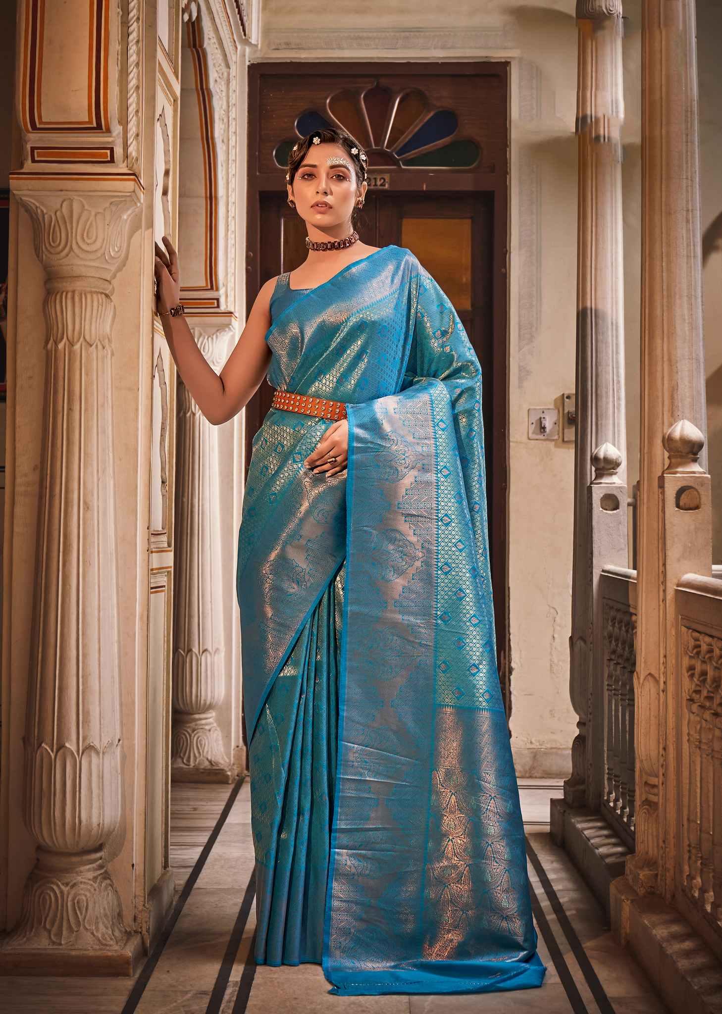 Handloom Weaving Silk Saree Embellished With Zari Border In Blue Color - INDIASILK