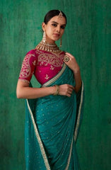 Turquoise Satin Jacquard Saree with Embroidered Blouse