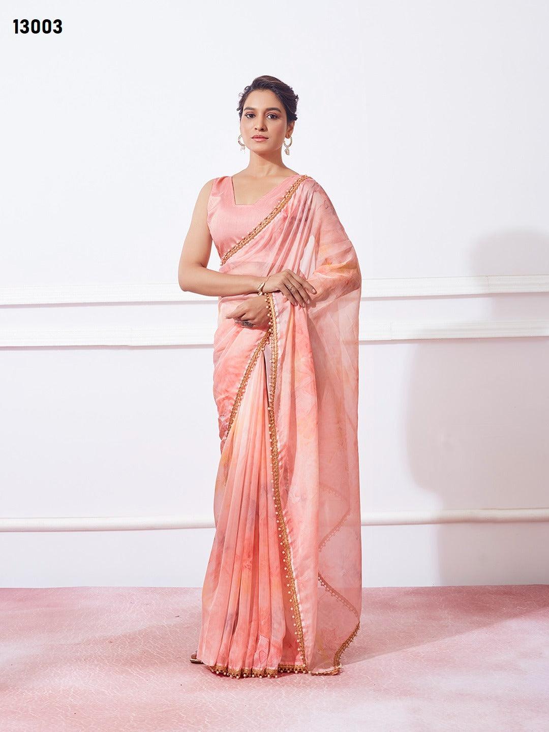 Organza Fabric Womens Designer Saree In Peach Color - INDIASILK