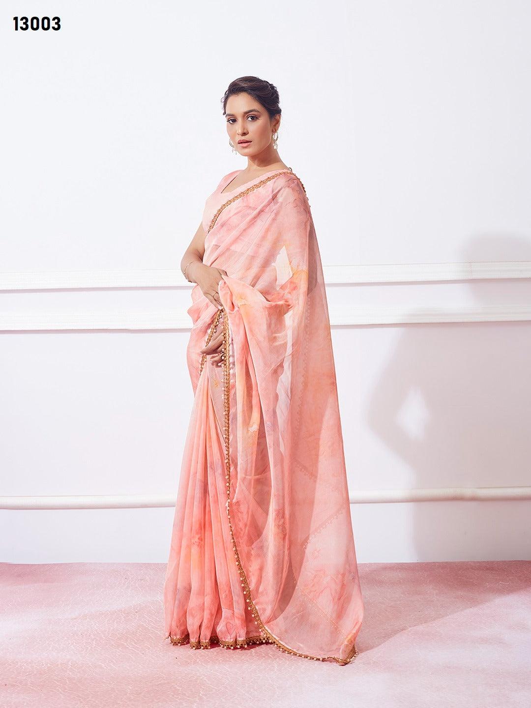 Organza Fabric Womens Designer Saree In Peach Color - INDIASILK