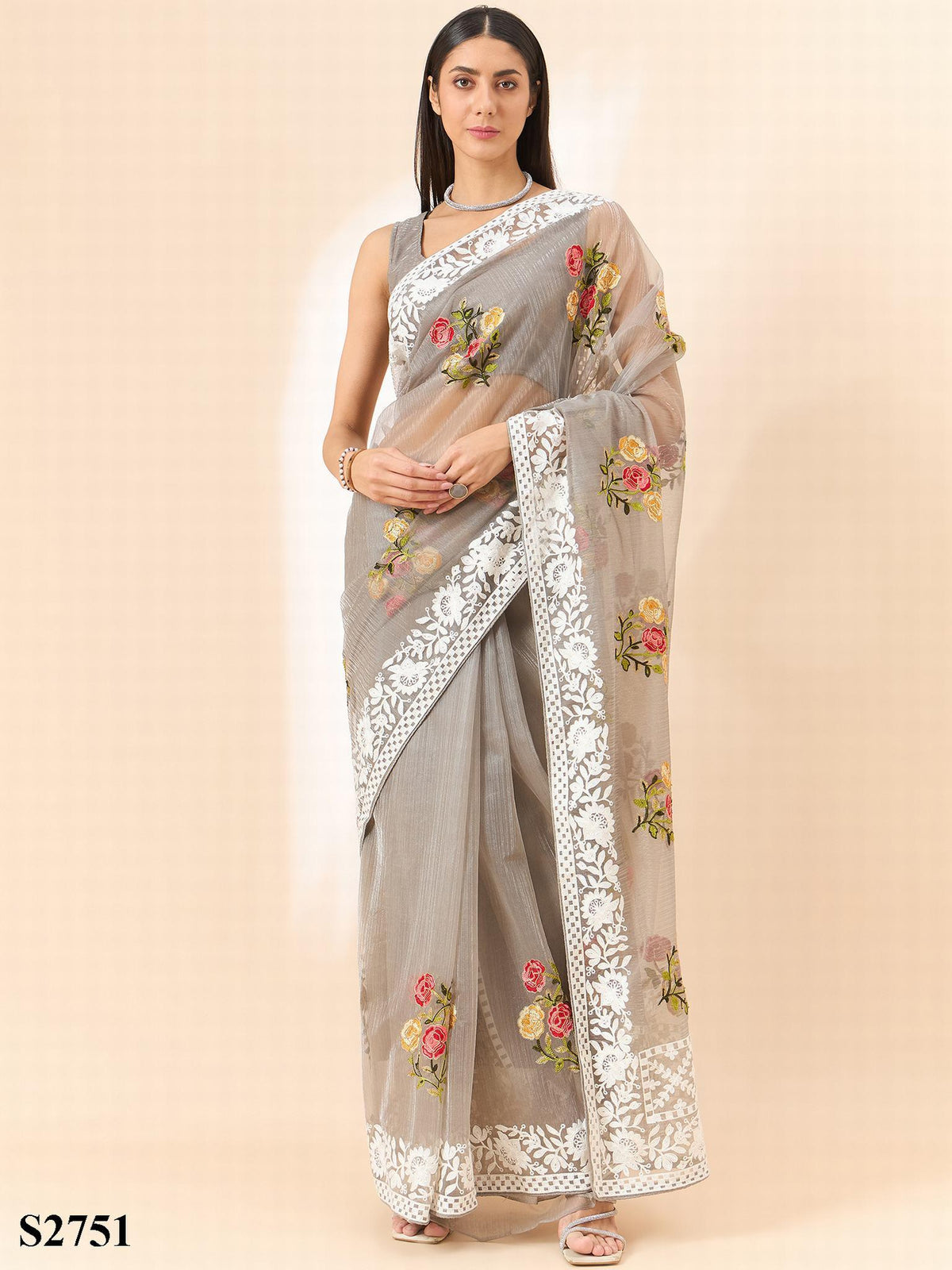 Organza Saree : Bollywood-inspired Organza Saree with Intricate Floral Embroidery Work - INDIASILK