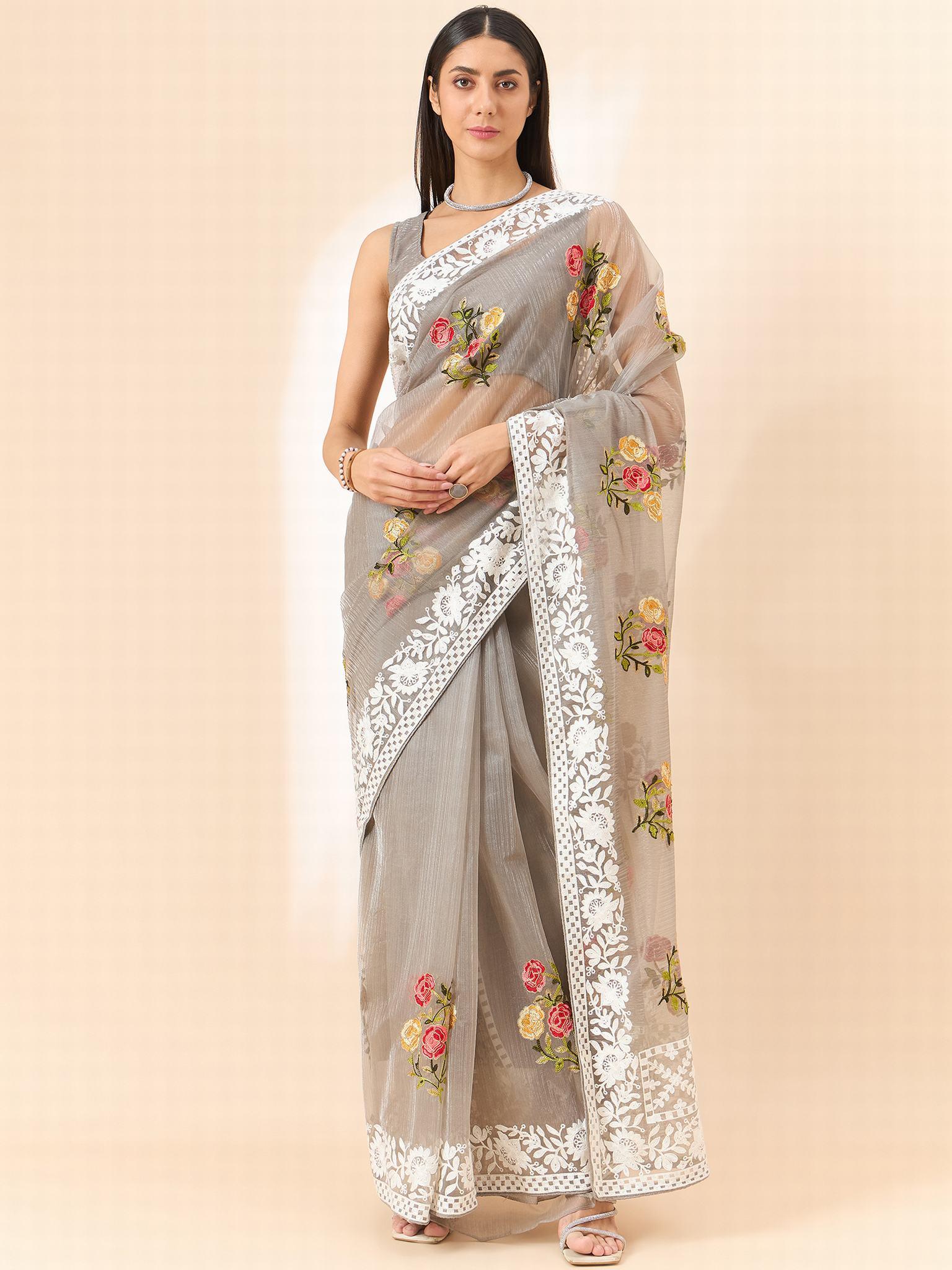 Organza Saree : Bollywood-inspired Organza Saree with Intricate Floral Embroidery Work - INDIASILK