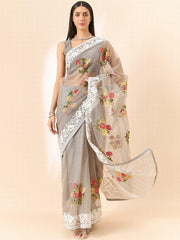 Organza Saree : Bollywood-inspired Organza Saree with Intricate Floral Embroidery Work - INDIASILK