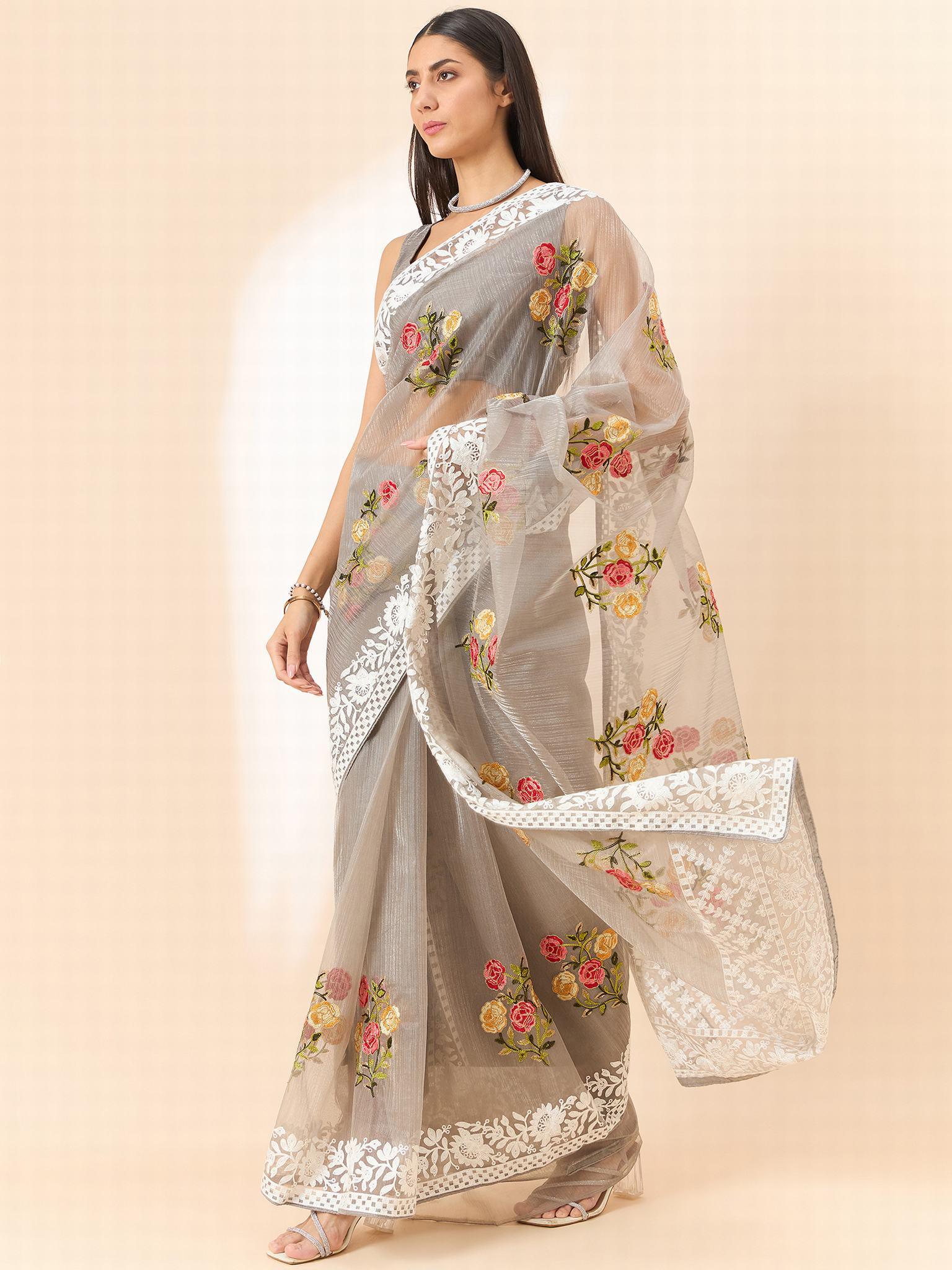 Organza Saree : Bollywood-inspired Organza Saree with Intricate Floral Embroidery Work - INDIASILK