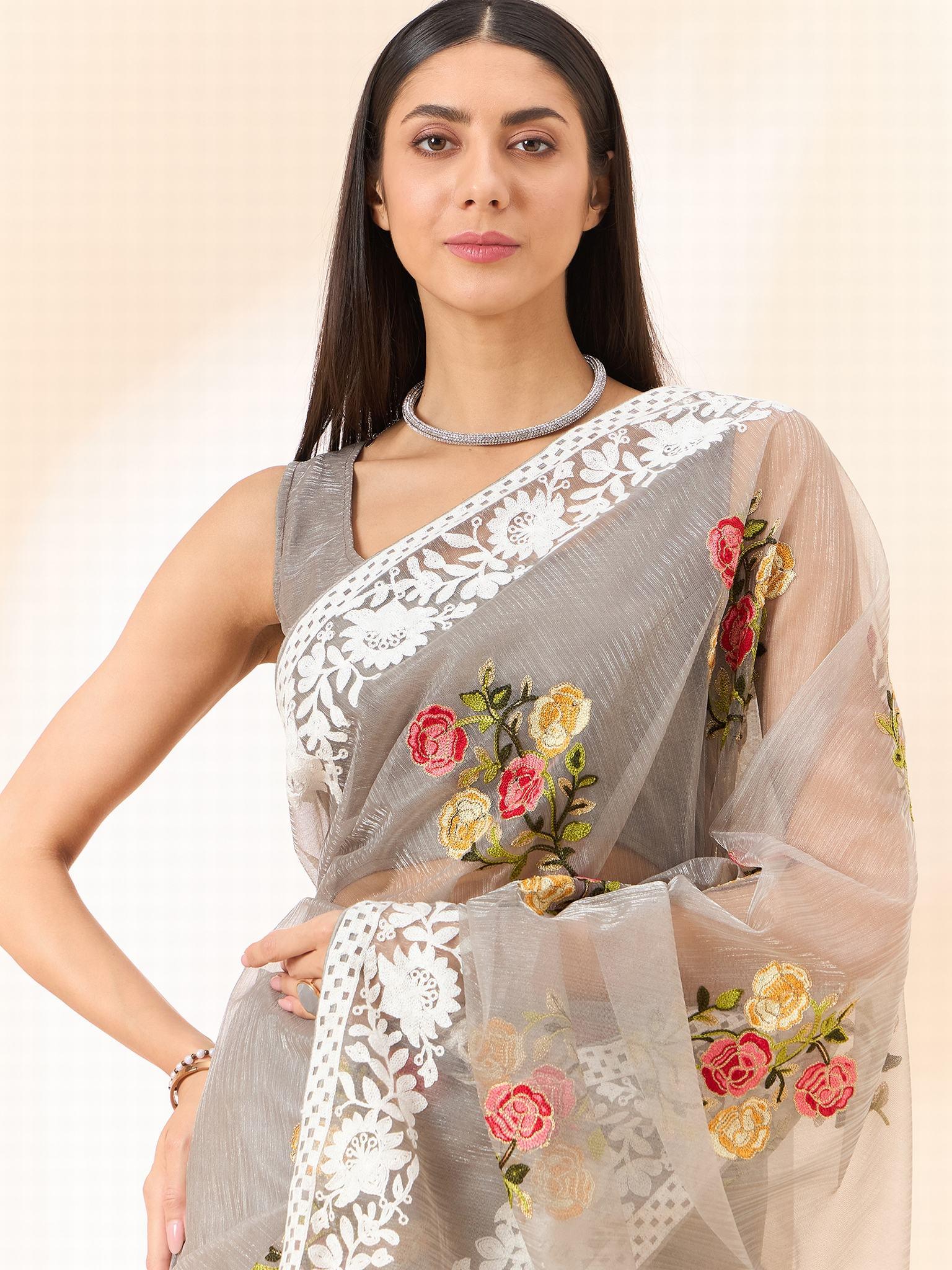 Organza Saree : Bollywood-inspired Organza Saree with Intricate Floral Embroidery Work - INDIASILK