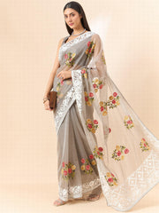 Organza Saree : Bollywood-inspired Organza Saree with Intricate Floral Embroidery Work - INDIASILK