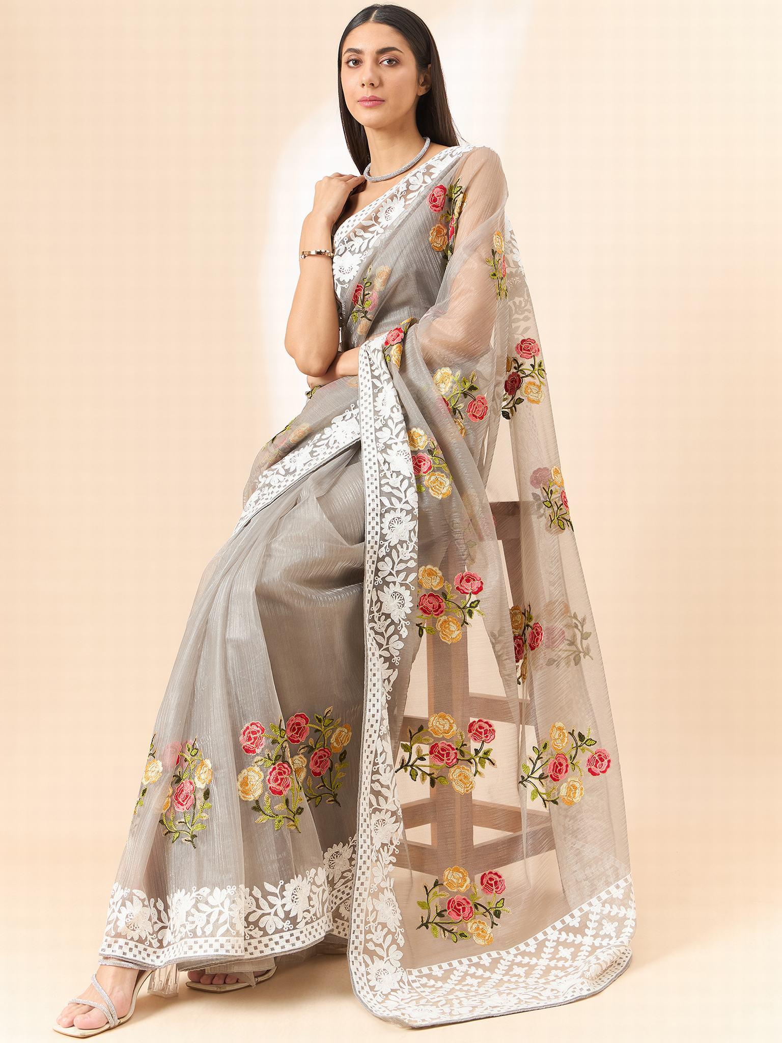 Organza Saree : Bollywood-inspired Organza Saree with Intricate Floral Embroidery Work - INDIASILK