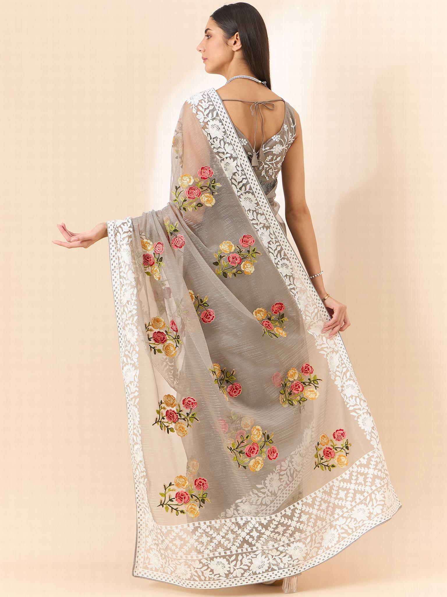 Organza Saree : Bollywood-inspired Organza Saree with Intricate Floral Embroidery Work - INDIASILK