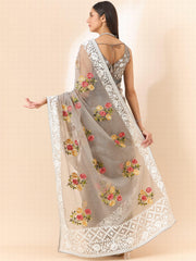 Organza Saree : Bollywood-inspired Organza Saree with Intricate Floral Embroidery Work - INDIASILK