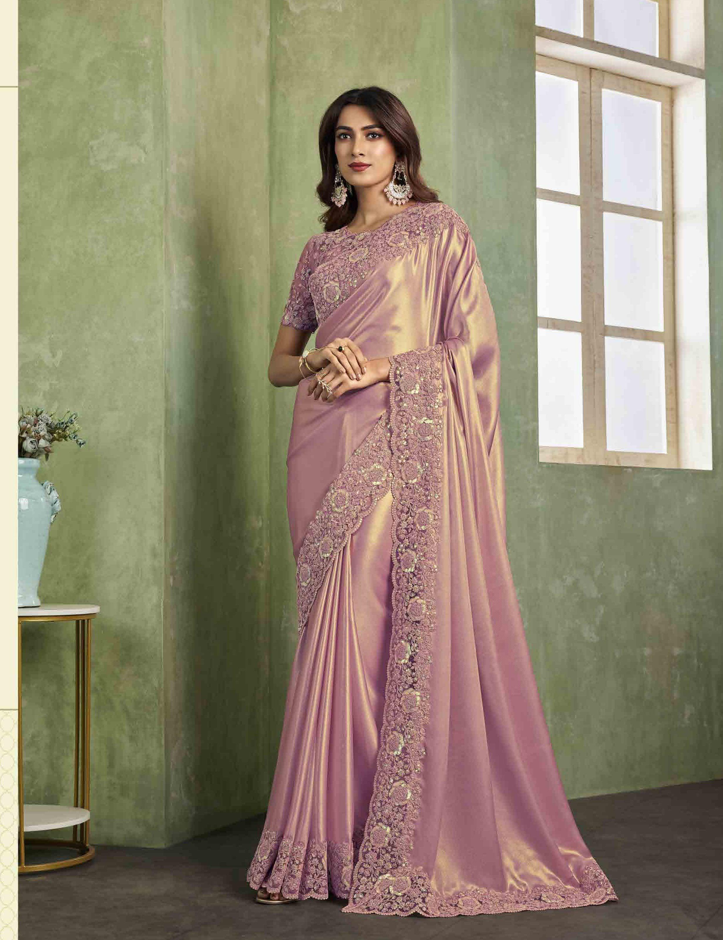 Premium Designer silk embroidered Saree in Pink Color - INDIASILK