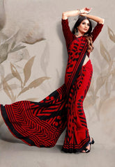 Red Digital Printed Crepe Saree