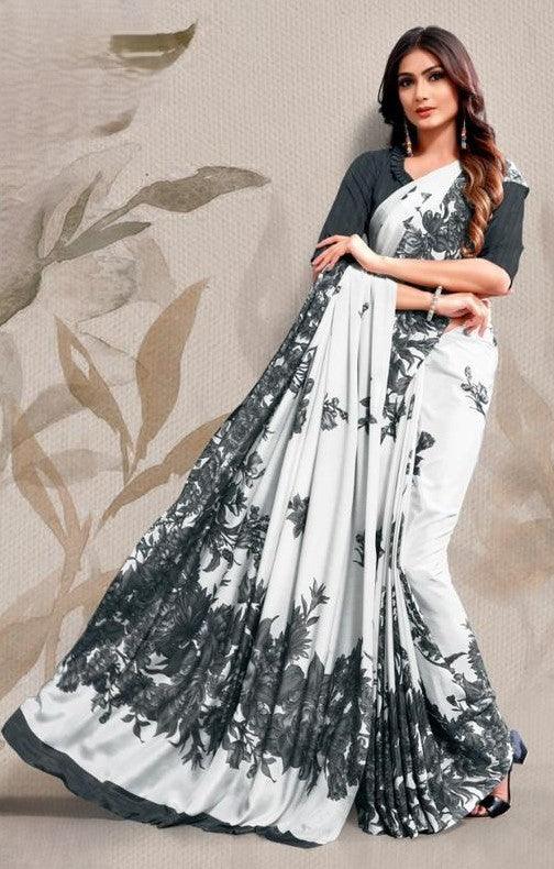 Grey and White Combination Digital Printed Crepe Saree